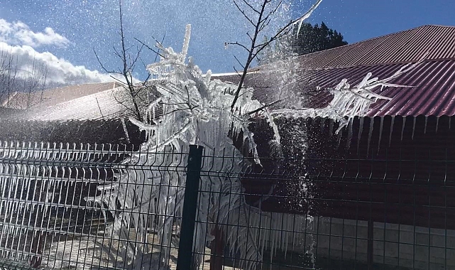 Borulardan fışkıran sular buz tuttu, ortaya ilginç görüntüler çıktı