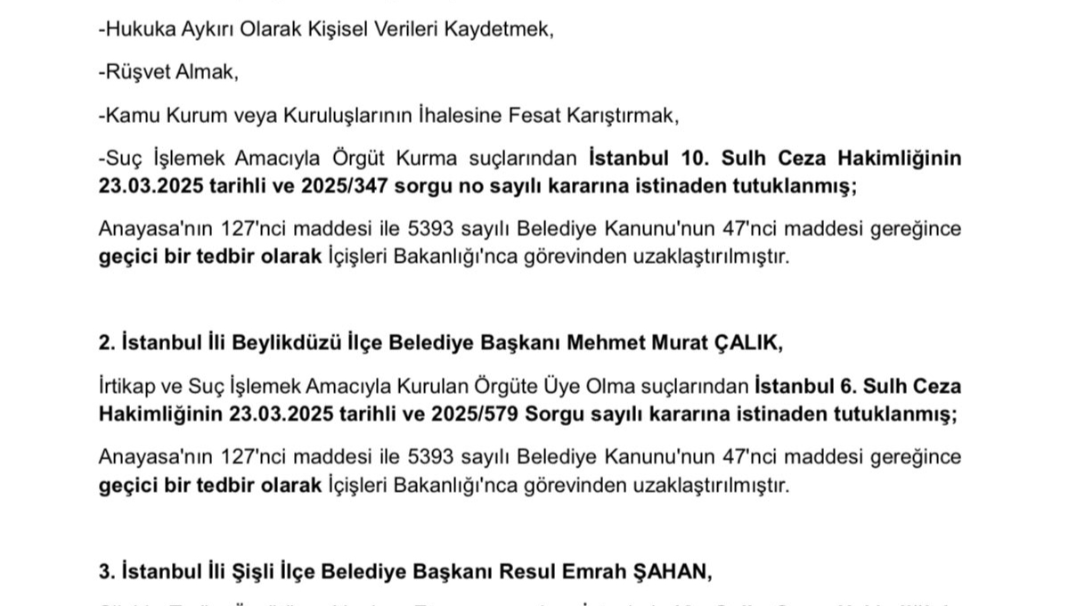 İçişleri: İmamoğlu ve 2 ilçe belediye başkanı görevden uzaklaştırıldı