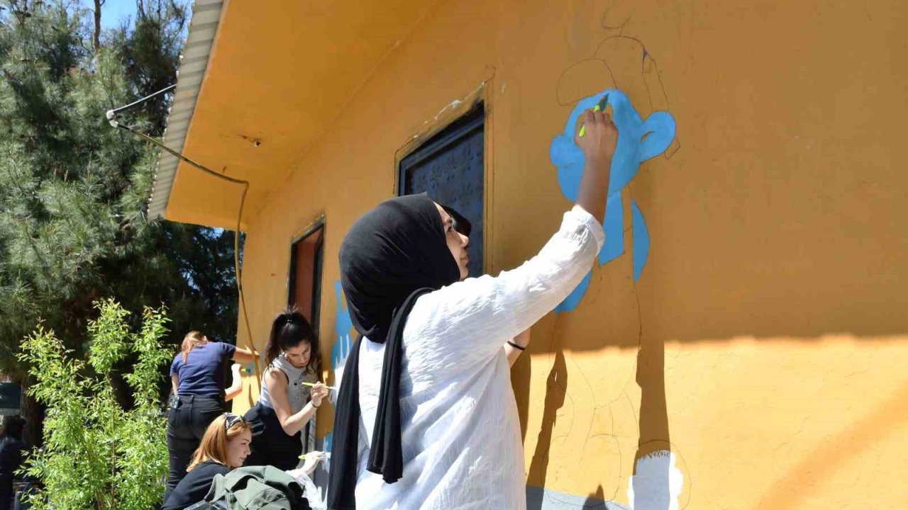 Köy okulunun duvarlarını boyadılar