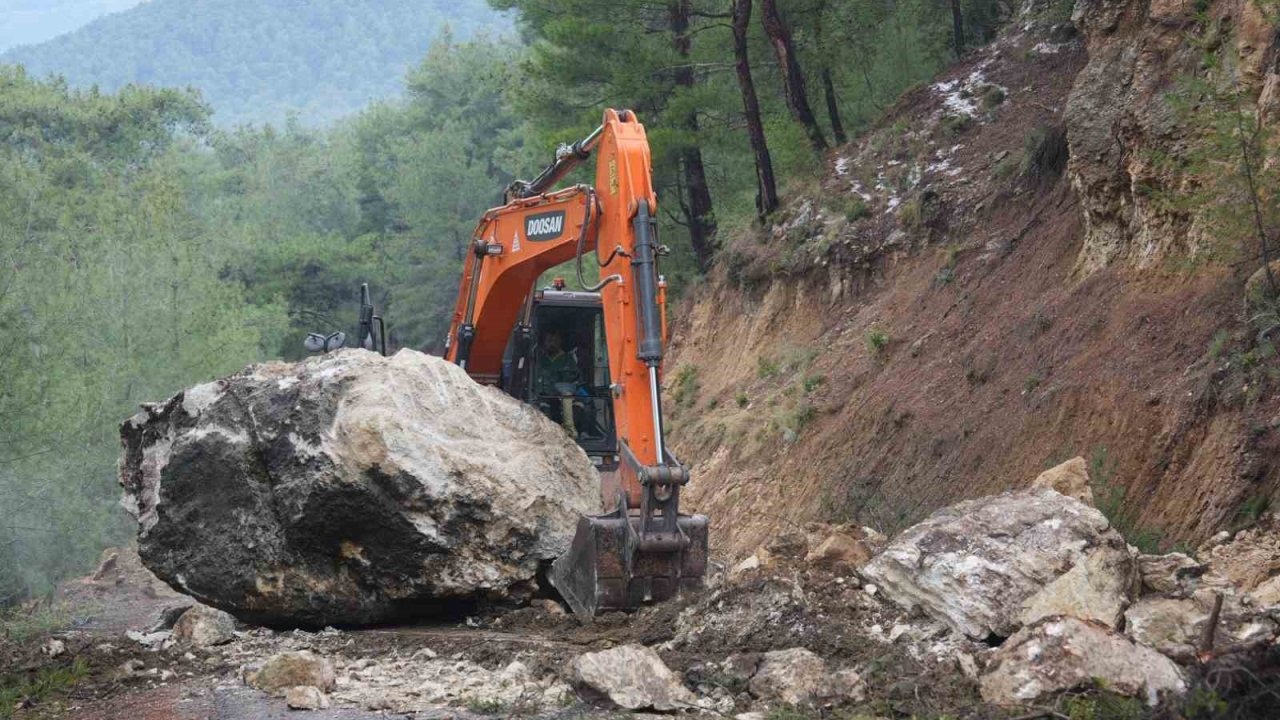 Dev kaya yola düştü, tarım alanları zarar gördü
