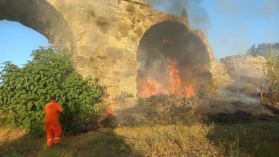 Aspendos'taki su kemerleri yakınındaki yangın söndürüldü