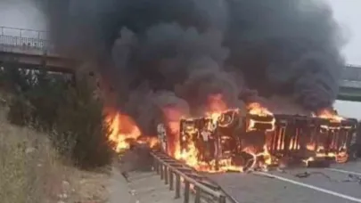 Tarsus’ta kaza yapan elyaf yüklü tır alev alev yandı
