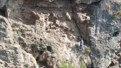 Denize sıfır sarp kayalıklarda ot topluyor, gören itfaiyeyi arıyor