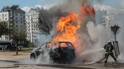Alev topuna dönen araçtan kedisiyle birlikte son anda çıktı