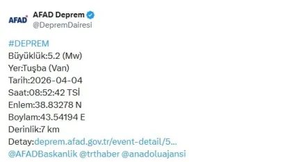 Van’da 5.2 büyüklüğünde deprem