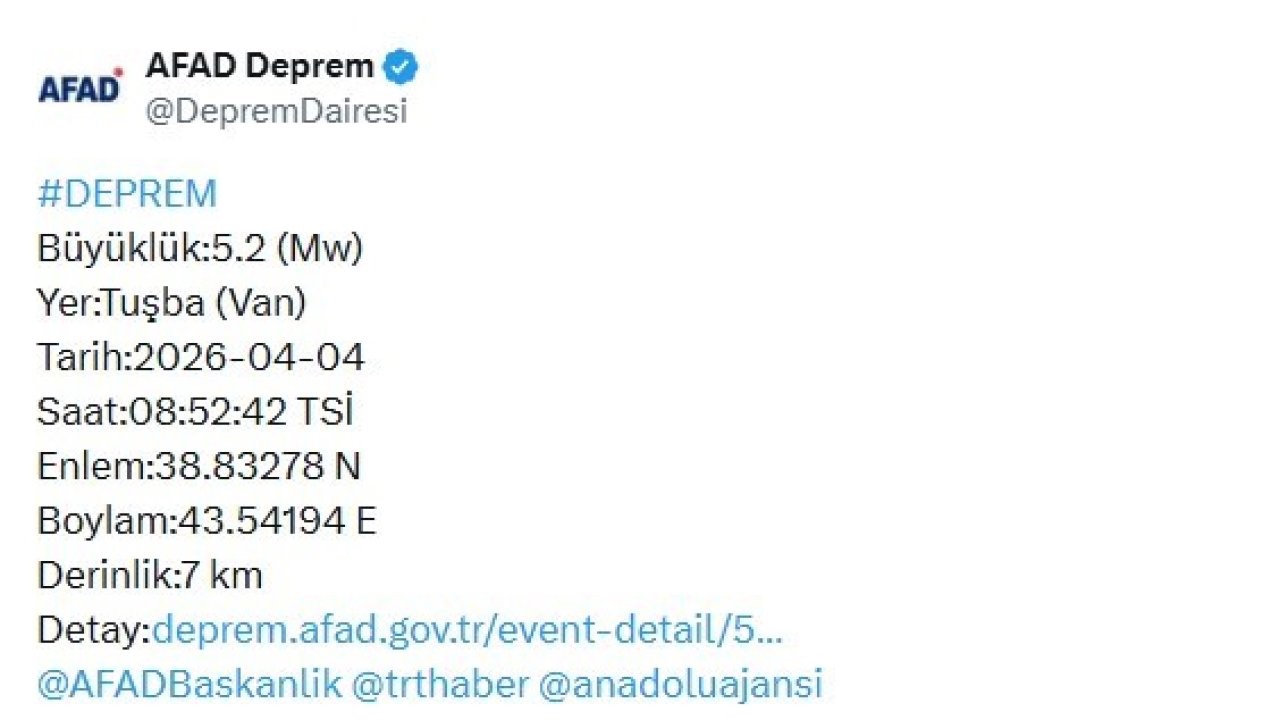 Van’da 5.2 büyüklüğünde deprem
