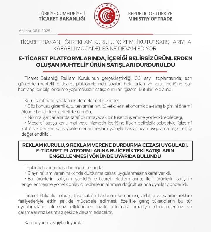 Ticaret Bakanlığı’ndan “Gizemli kutu” satışlarına yasak!